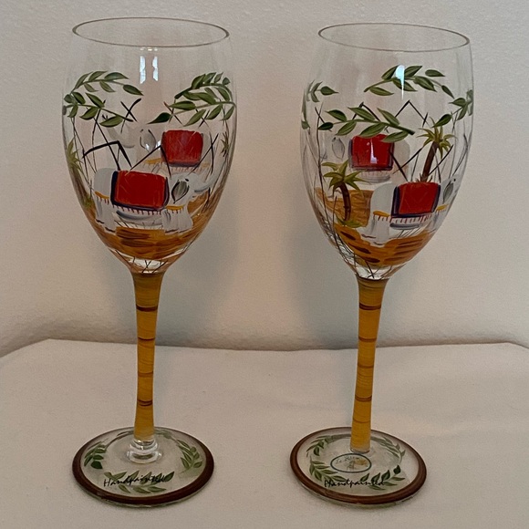 Elephant Wine Glasses HandPainted Tropical PalmTrees Bamboo Stem Le Petit Cafe 2 - Picture 11 of 16